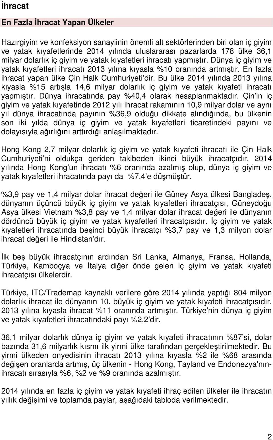 En fazla ihracat yapan ülke Çin Halk Cumhuriyeti dir. Bu ülke 2014 yılında 2013 yılına kıyasla %15 artışla 14,6 milyar dolarlık iç giyim ve yatak kıyafeti ihracatı yapmıştır.