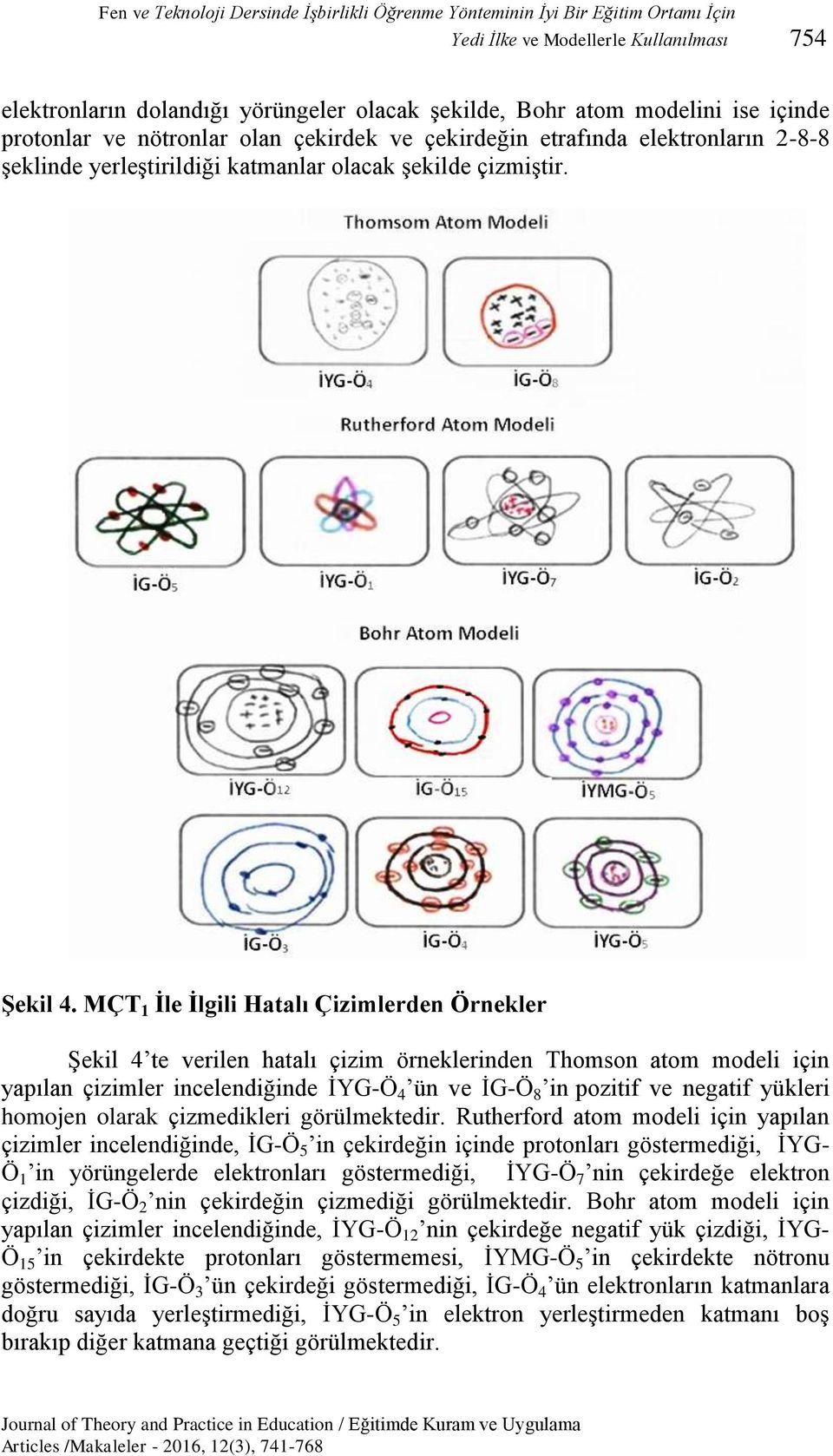 MÇT 1 İle İlgili Hatalı Çizimlerden Örnekler Şekil 4 te verilen hatalı çizim örneklerinden Thomson atom modeli için yapılan çizimler incelendiğinde İYG-Ö 4 ün ve İG-Ö 8 in pozitif ve negatif yükleri