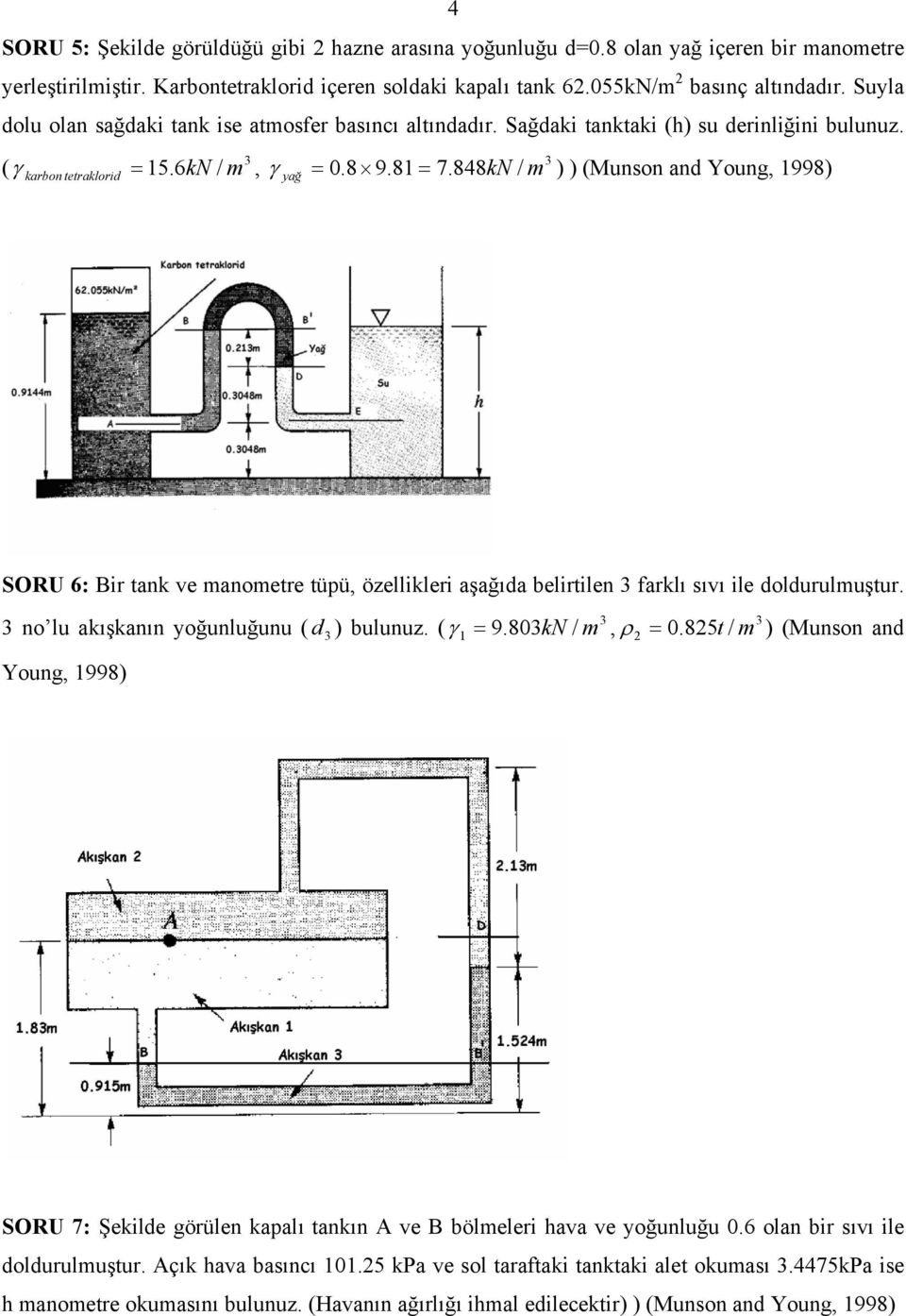 848kN / m ) ) (Munson and Young, 1998) karbon tetraklorid = yağ = SORU 6: Bir tank ve manometre tüpü, özellikleri aşağıda belirtilen farklı sıvı ile doldurulmuştur.