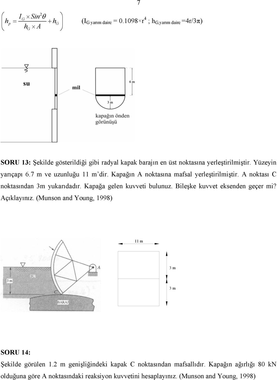 7 m ve uzunluğu 11 m dir. Kapağın A noktasına mafsal yerleştirilmiştir. A noktası C noktasından m yukarıdadır. Kapağa gelen kuvveti bulunuz.