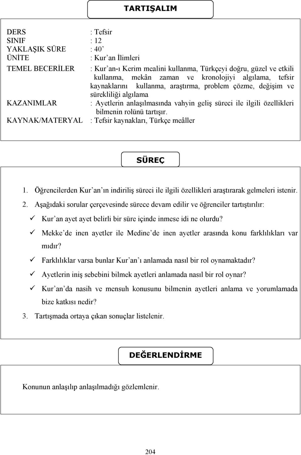 tartışır. KAYNAK/MATERYAL : Tefsir kaynakları, Türkçe meâller SÜREÇ 1. Öğrencilerden Kur an ın indiriliş süreci ile ilgili özellikleri araştırarak gelmeleri istenir. 2.