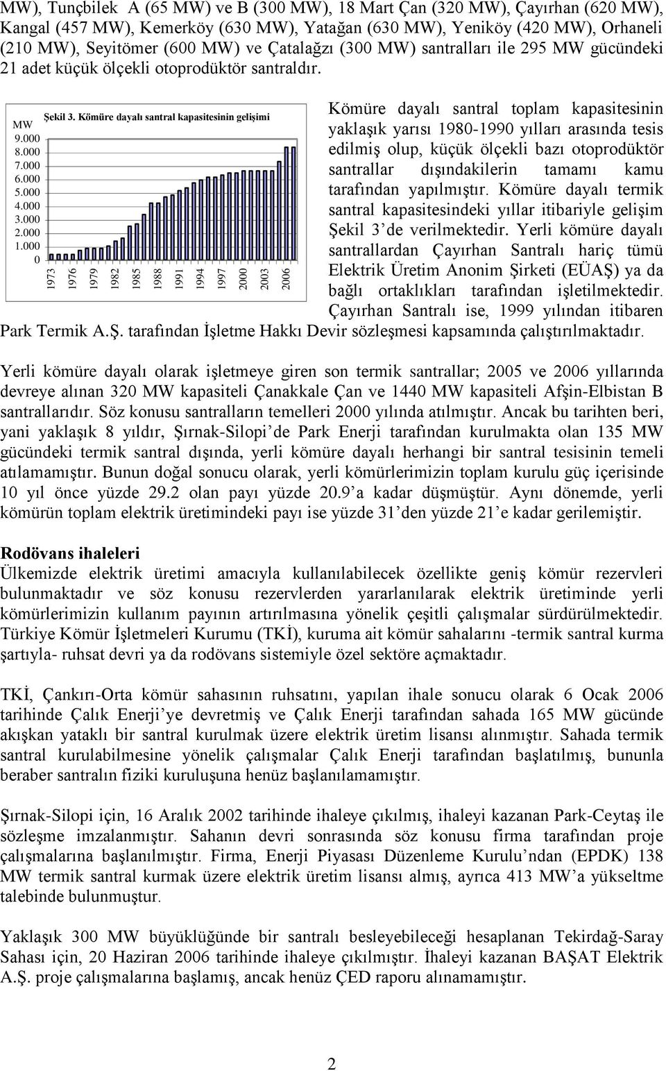 Kömüre dayalı santral kapasitesinin gelişimi MW yaklaşık yarısı 1980-1990 yılları arasında tesis 9.000 8.000 edilmiş olup, küçük ölçekli bazı otoprodüktör 7.