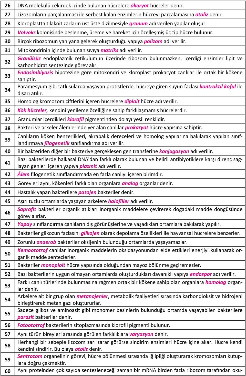 30 Birçok ribozomun yan yana gelerek oluşturduğu yapıya polizom adı verilir. 31 Mitokondrinin içinde bulunan sıvıya matriks adı verilir.