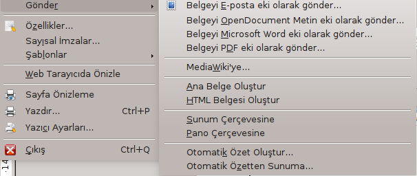 Resim 20:PDF Olarak Dışa Aktar Diyalog Kutusu Gönder Butonu Bu buton dosyamızı e-posta, sunum, özet, web sayfası, vb.