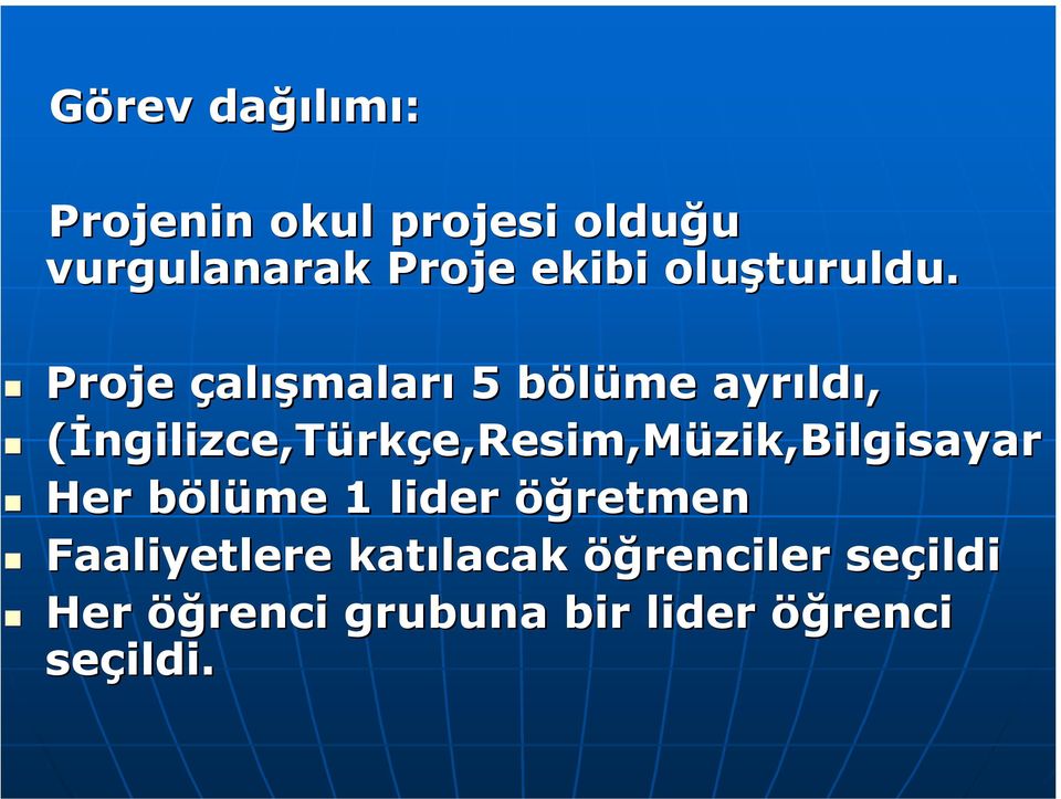 Proje çalışmaları 5 bölüme ayrıldı,