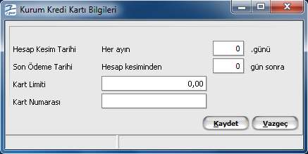 Kurum kredi kartı bilgileri seçeneği (KKR) Kredi Kartı ve (KRD) Genel Kredi türündeki banka hesaplarında bağlı kayıtlar menüsünde yer alır.