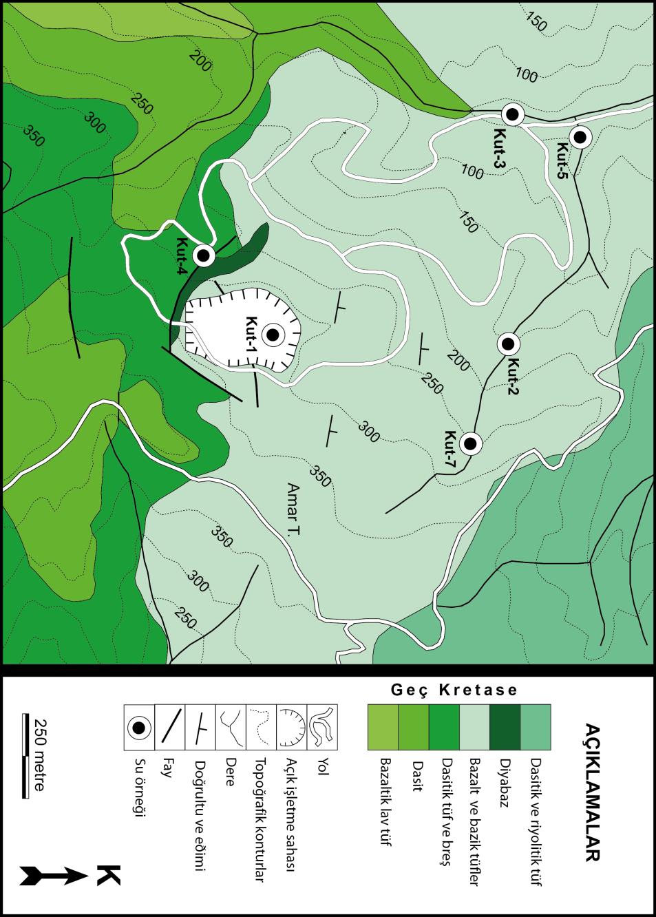 Şekil 2. Kutlular madeni ve yakın çevresinin jeolojik haritası (Nalbantoğlu ve Yılmaz, 1992 den). Şekil 3.