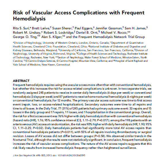 İlk vasküler erişim yolu olayı gelişme riski günlük HD hastalarında % 76 daha yüksek Sadece AVG/AVF li hastalarda risk %90 daha yüksek (p=0.