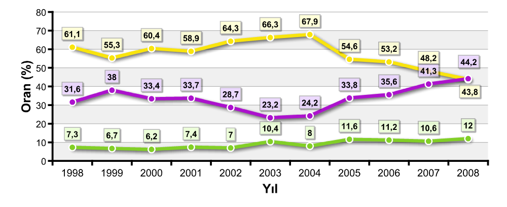 Gerçekleştiren Sektörler Bazında Ar-Ge Harcamaları Oranı Fonlamada Özel Sektörün payı 2008 de % 47 i geçti.