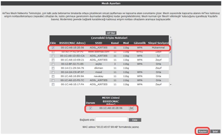 AP Bul tuşuna tıkladığınızda cihaz çevrede bağlantı kurabileceği kablosuz erişim noktası cihazlarını aramaya başlayacak ve bulduklarını listeleyecektir. 2.