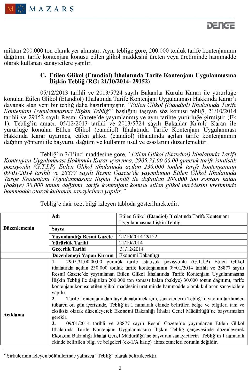 Etilen Glikol (Etandiol) İthalatında Tarife Kontenjanı Uygulanmasına İlişkin Tebliğ (RG 21/10/2014-29152) 05/12/2013 tarihli ve 2013/5724 sayılı Bakanlar Kurulu Kararı ile yürürlüğe konulan Etilen