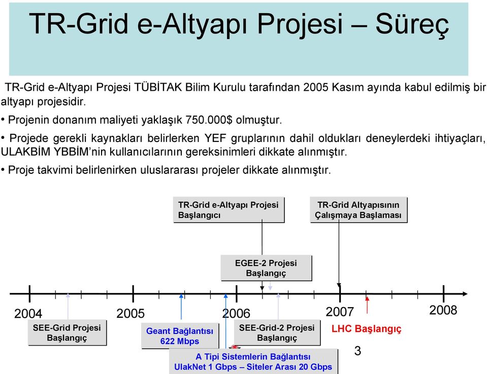 Projede gerekli kaynakları belirlerken YEF gruplarının dahil oldukları deneylerdeki ihtiyaçları, ULAKBİM YBBİM nin kullanıcılarının gereksinimleri dikkate alınmıştır.