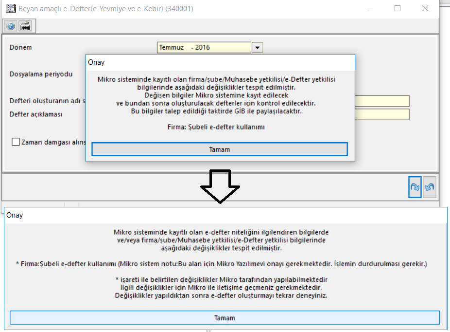 **E-defter döviz tipinde yapılan bir değişiklikte aşağıdaki mesaj verilecek ve işlem durdurulacaktır.