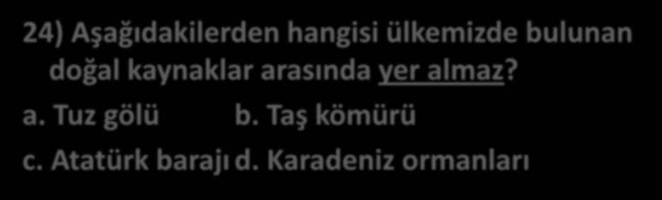 24) Aşağıdakilerden hangisi ülkemizde bulunan doğal kaynaklar arasında yer