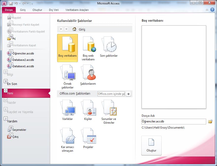 Şekil 4. Access Açılış Ekranı Bu pencerede ilk kez veri tabanı yaratacağımız için aşağıdaki adımları takip ediniz: Dsya Adı kısmına Öğrenciler.accdb yazınız.