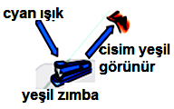 Magenta ışık altında mavi cisme bakılırsa cisim mavi görülür. Çünkü magenta ara rengin bileşiminde mavi vardır. Cyan ışık altında yeşil cisme bakılırsa cisim yeşil görülür.