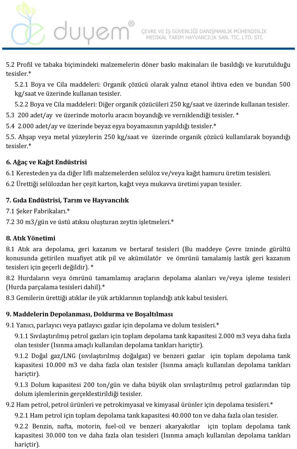 000 adet/ay ve üzerinde beyaz eşya boyamasının yapıldığı * 5.5. Ahşap veya metal yüzeylerin 250 kg/saat ve üzerinde organik çözücü kullanılarak boyandığı * 6. Ağaç ve Kağıt Endüstrisi 6.