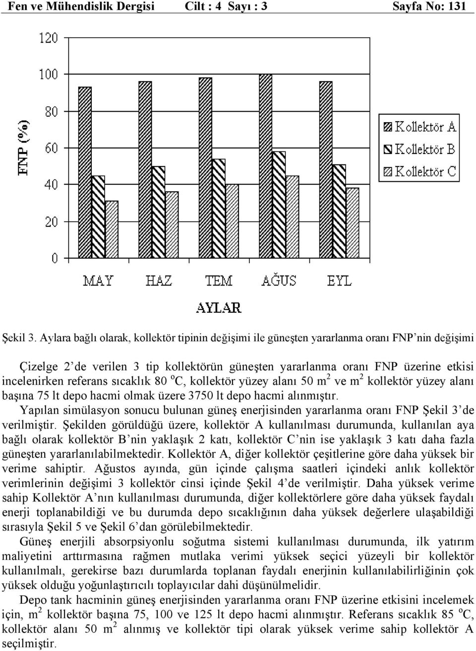 referans sıcaklık 80 o C, kollektör yüzey alanı 50 m 2 ve m 2 kollektör yüzey alanı başına 75 lt depo hacmi olmak üzere 3750 lt depo hacmi alınmıştır.