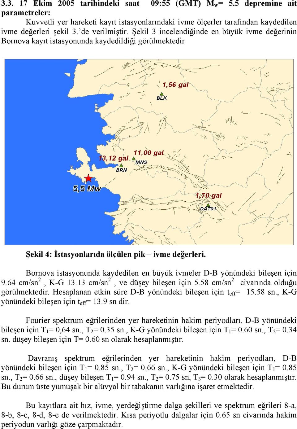 Bornova istasyonunda kaydedilen en büyük ivmeler D-B yönündeki bileşen için 9.64 cm/sn 2, K-G 13.13 cm/sn 2, ve düşey bileşen için 5.58 cm/sn 2 civarında olduğu görülmektedir.