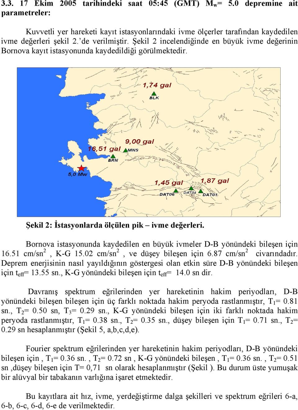 Bornova istasyonunda kaydedilen en büyük ivmeler D-B yönündeki bileşen için 16.51 cm/sn 2, K-G 15.02 cm/sn 2, ve düşey bileşen için 6.87 cm/sn 2 civarındadır.