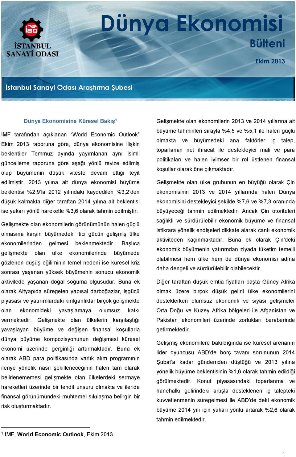 2013 yılına ait dünya ekonomisi büyüme beklentisi %2,9 la 2012 yılındaki kaydedilen %3,2 den düşük kalmakta diğer taraftan 2014 yılına ait beklentisi ise yukarı yönlü hareketle %3,6 olarak tahmin