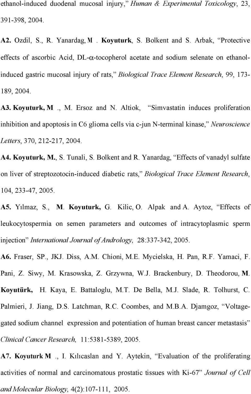 Koyuturk, M., M. Ersoz and N. Altiok, Simvastatin induces proliferation inhibition and apoptosis in C6 glioma cells via c-jun N-terminal kinase, Neuroscience Letters, 370, 212-217, 2004. A4.