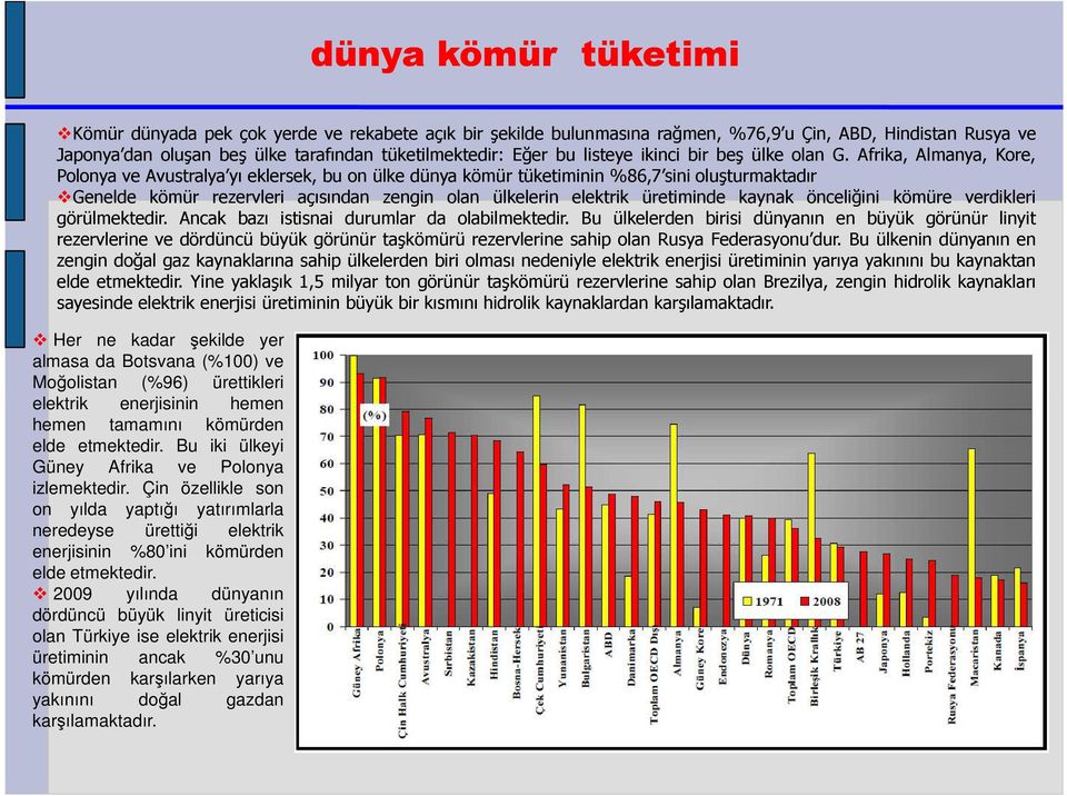 Afrika, Almanya, Kore, Polonya ve Avustralya yı eklersek, bu on ülke dünya kömür tüketiminin%86,7 sini oluşturmaktadır Genelde kömür rezervleri açısından zengin olan ülkelerin elektrik üretiminde