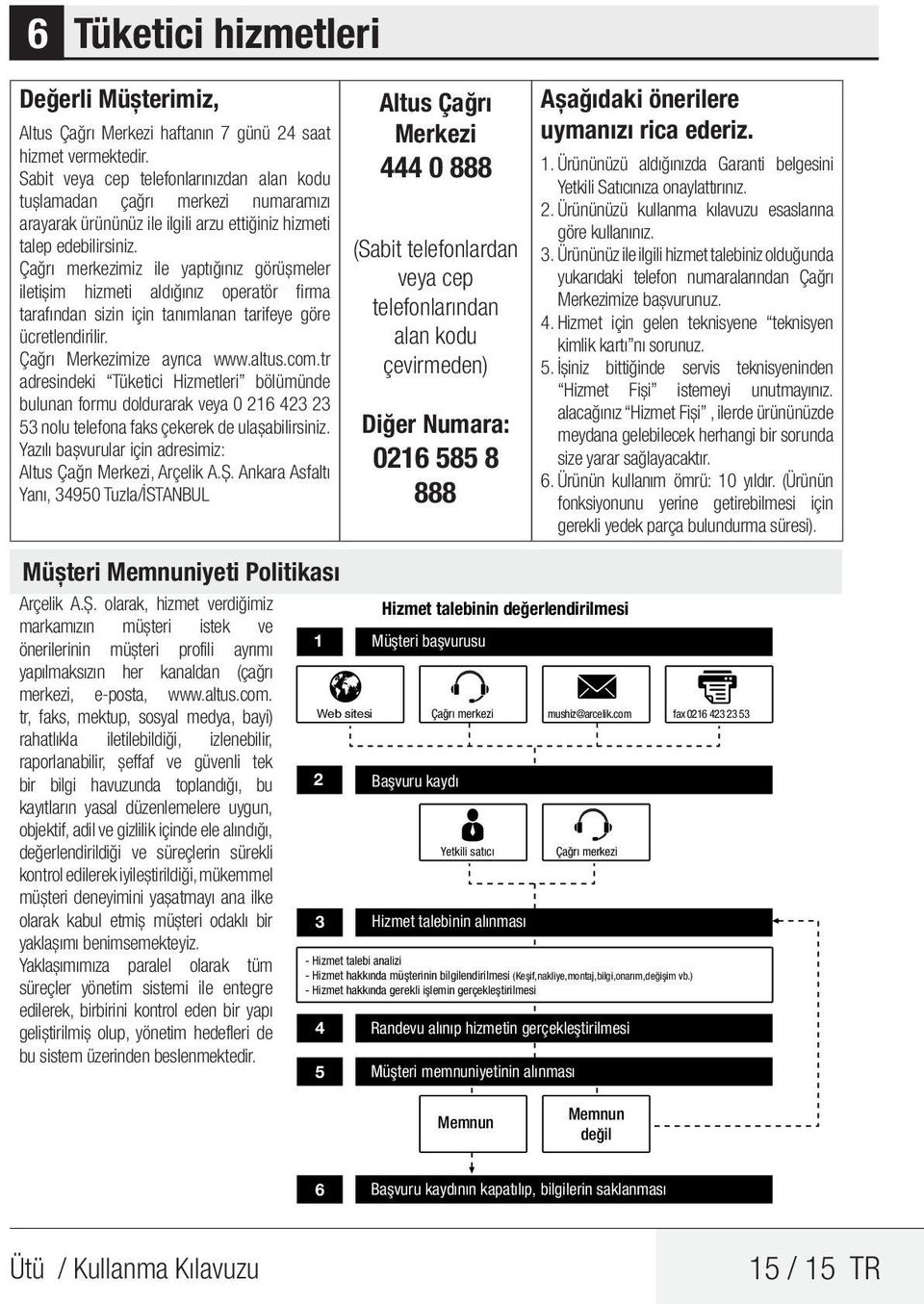 Çağrı merkezimiz ile yaptığınız görüşmeler iletişim hizmeti aldığınız operatör firma tarafından sizin için tanımlanan tarifeye göre ücretlendirilir. Çağrı Merkezimize ayrıca www.altus.com.