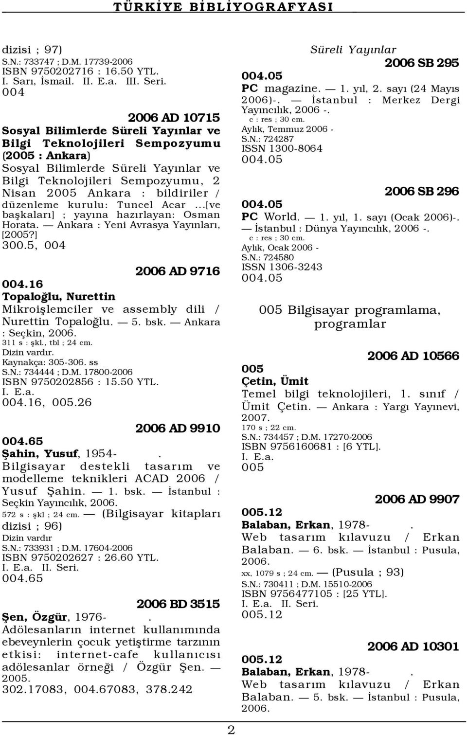 bildiriler / dÿzenleme kurulu: Tuncel Acar...[ve baßkalarý] ; yayýna hazýrlayan: Osman Horata. Ñ Ankara : Yeni Avrasya YayÝnlarÝ, [2005?] 300.5, 004 2006 AD 9716 004.