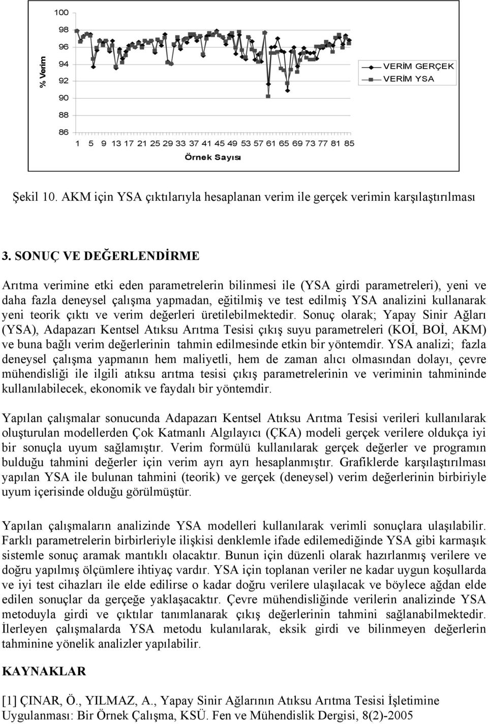 SONUÇ VE DEĞERLENDĐRME Arıtma verimine etki eden parametrelerin bilinmesi ile (YSA girdi parametreleri), yeni ve daha fazla deneysel çalışma yapmadan, eğitilmiş ve test edilmiş YSA analizini