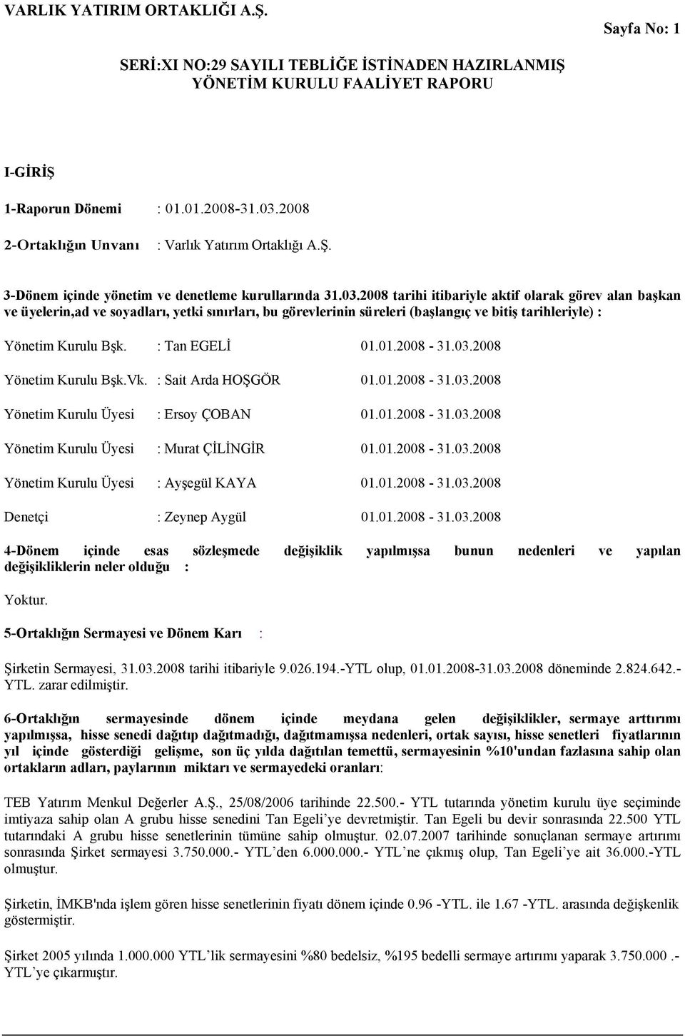 2008 tarihi itibariyle aktif olarak görev alan başkan ve üyelerin,ad ve soyadları, yetki sınırları, bu görevlerinin süreleri (başlangıç ve bitiş tarihleriyle) : Yönetim Kurulu Bşk. : Tan EGELİ 01.