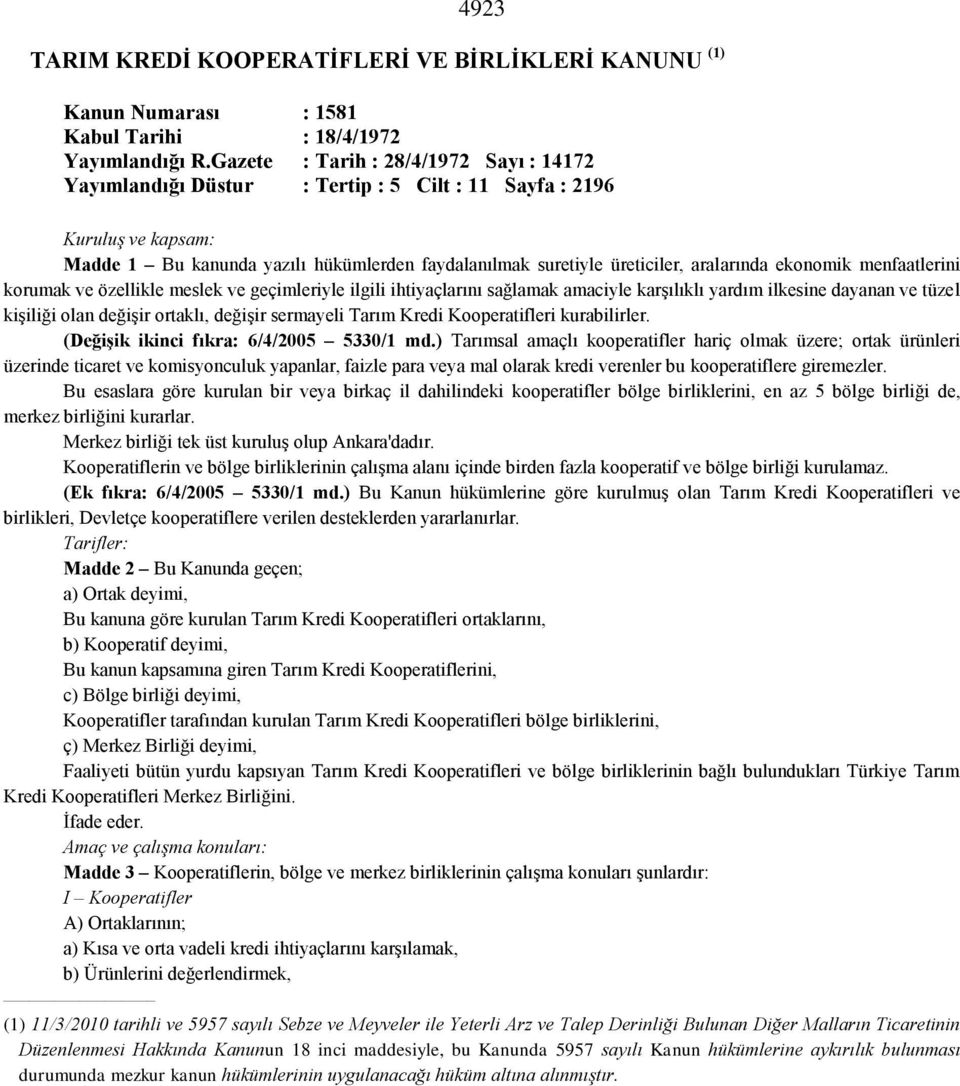 ekonomik menfaatlerini korumak ve özellikle meslek ve geçimleriyle ilgili ihtiyaçlarını sağlamak amaciyle karşılıklı yardım ilkesine dayanan ve tüzel kişiliği olan değişir ortaklı, değişir sermayeli