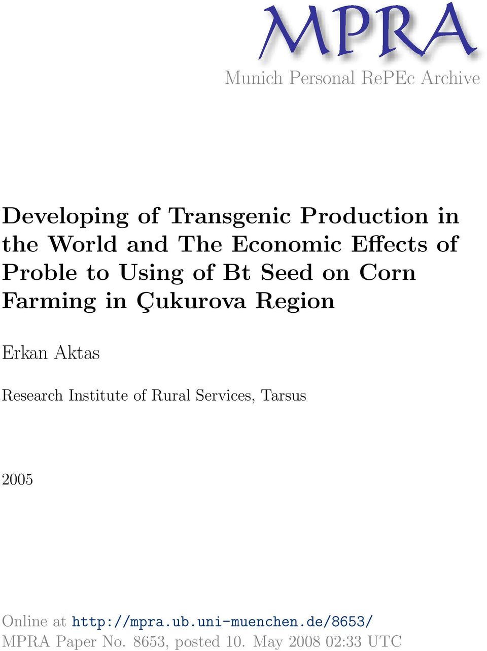 Region Erkan Aktas Research Institute of Rural Services, Tarsus 2005 Online at