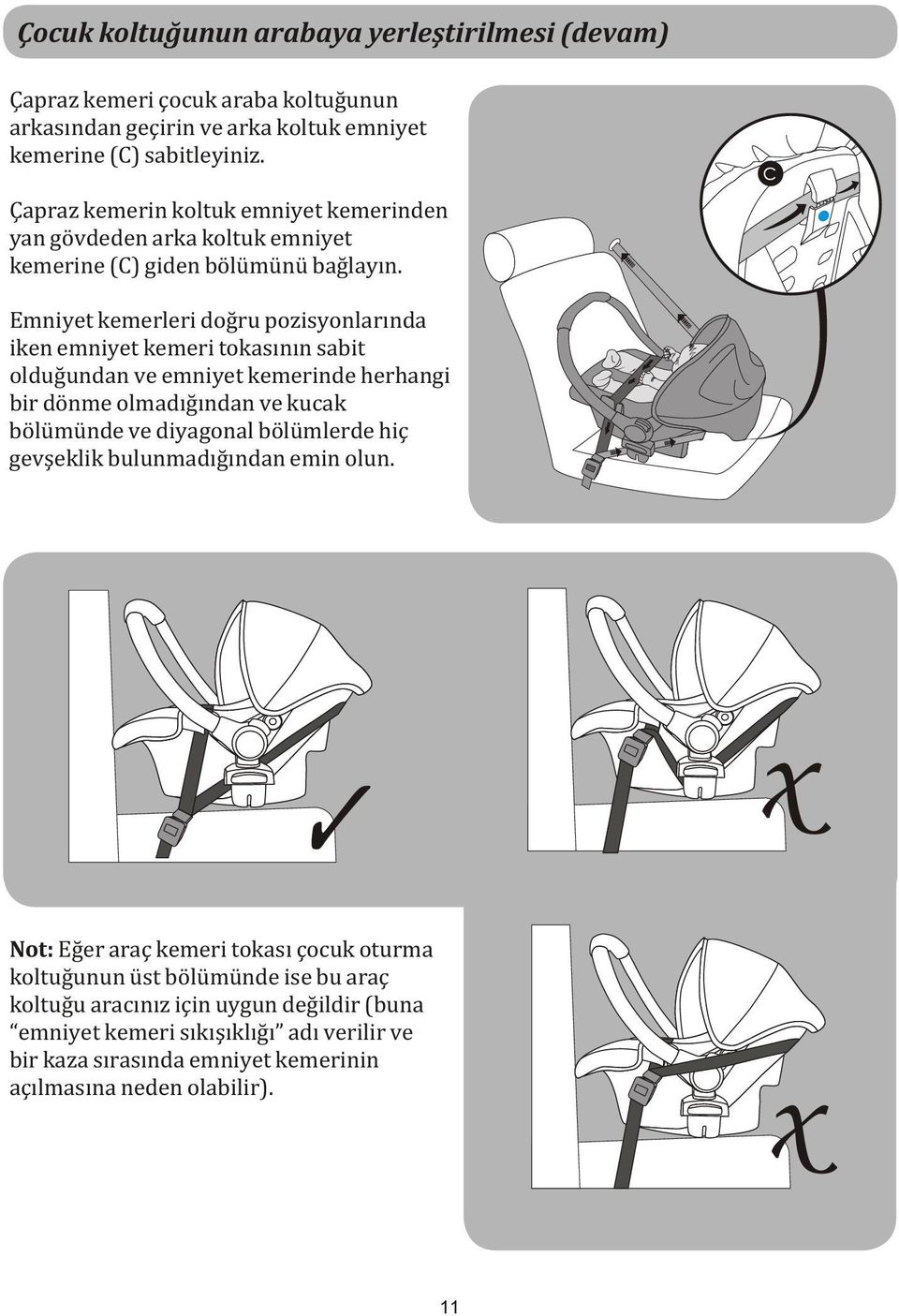 Emniyet kemerleri doğru pozisyonlarında iken emniyet kemeri tokasının sabit olduğundan ve emniyet kemerinde herhangi bir dönme olmadığından ve kucak bölümünde ve diyagonal