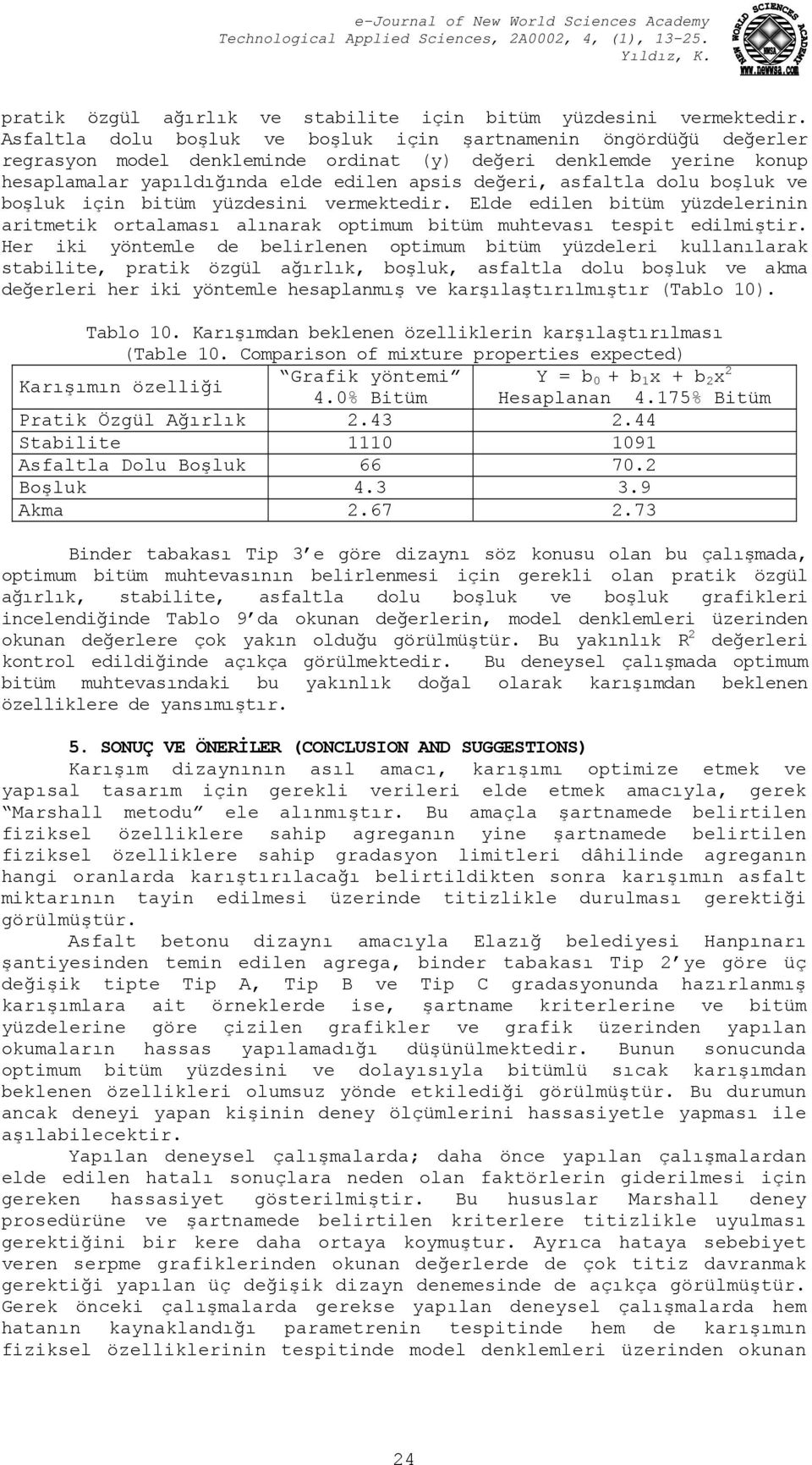 dolu boşluk ve boşluk için bitüm yüzdesini vermektedir. Elde edilen bitüm yüzdelerinin aritmetik ortalaması alınarak optimum bitüm muhtevası tespit edilmiştir.