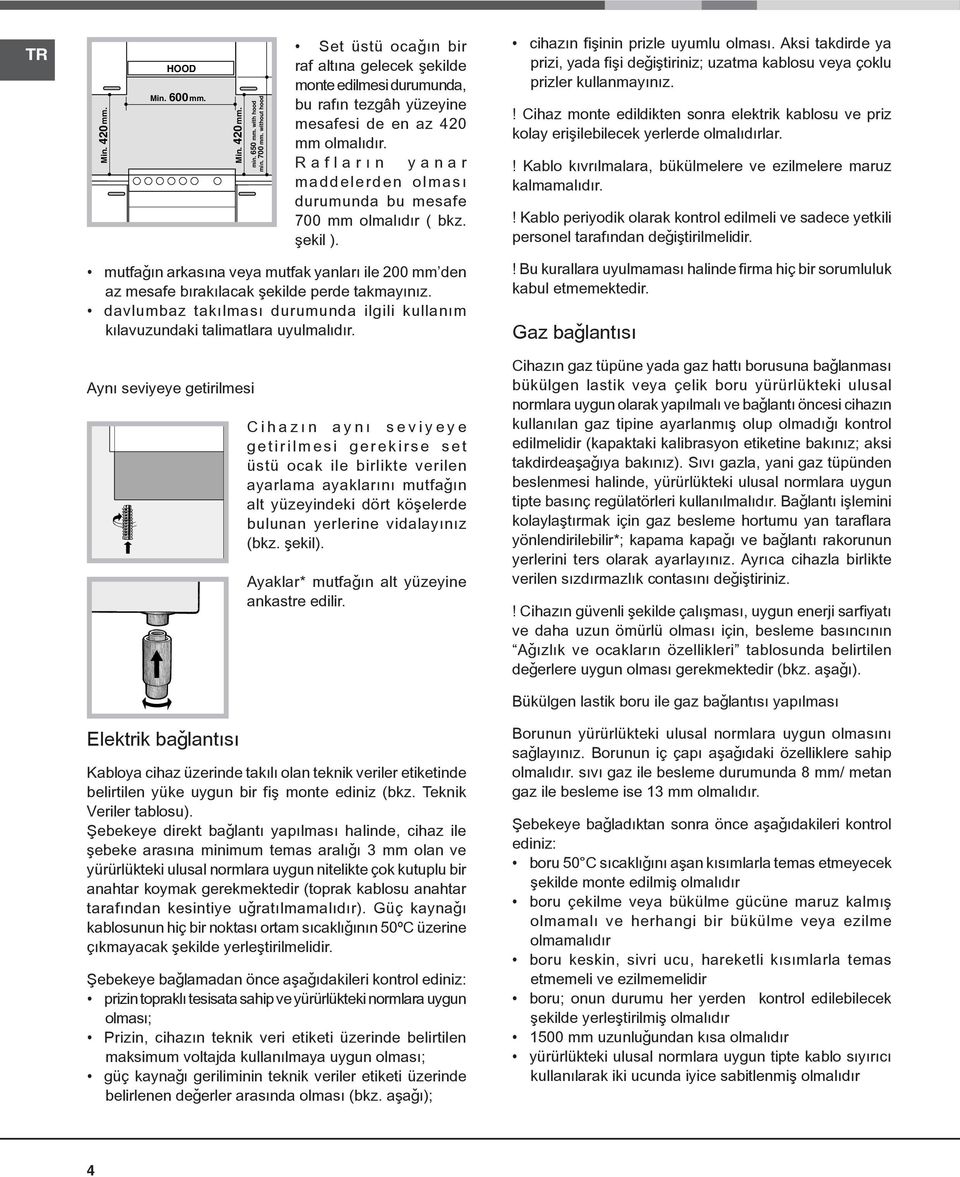 Raflarýn yanar maddelerden olmasý durumunda bu mesafe 700 mm olmalýdýr ( bkz. þekil ). mutfaðýn arkasýna veya mutfak yanlarý ile 200 mm den az mesafe býrakýlacak þekilde perde takmayýnýz.