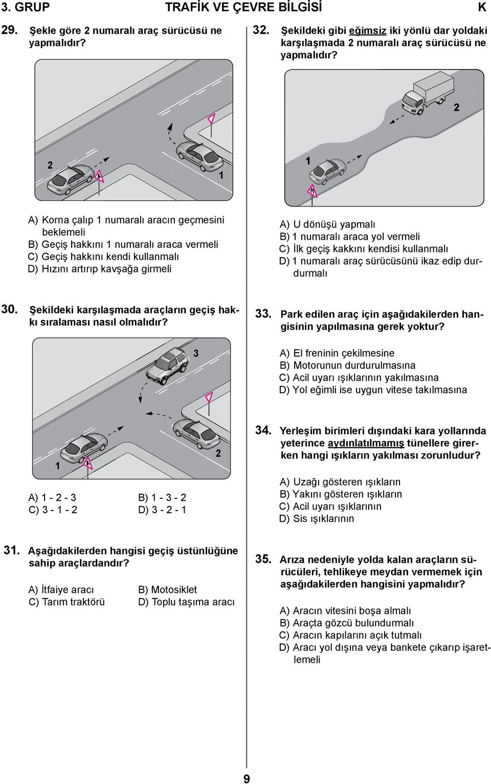 numaralı araca yol vermeli C) İlk geçiş kakkını kendisi kullanmalı D) 1 numaralı araç sürücüsünü ikaz edip durdurmalı 30. Şekildeki karşılaşmada araçların geçiş hakkı sıralaması nasıl olmalıdır? 3 33.