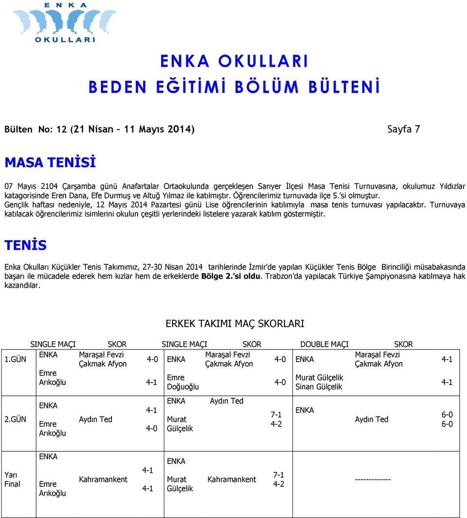 Gençlik haftası nedeniyle, 12 Mayıs 2014 Pazartesi günü Lise öğrencilerinin katılımıyla masa tenis turnuvası yapılacaktır.