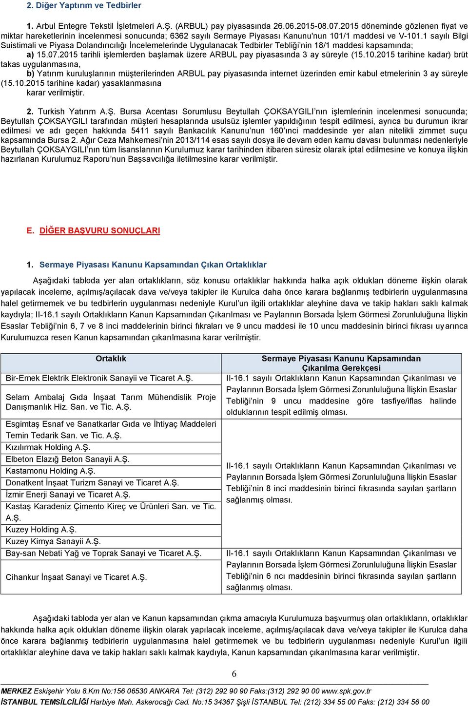 1 sayılı Bilgi Suistimali ve Piyasa Dolandırıcılığı İncelemelerinde Uygulanacak Tedbirler Tebliği nin 18/1 maddesi kapsamında; a) 15.07.