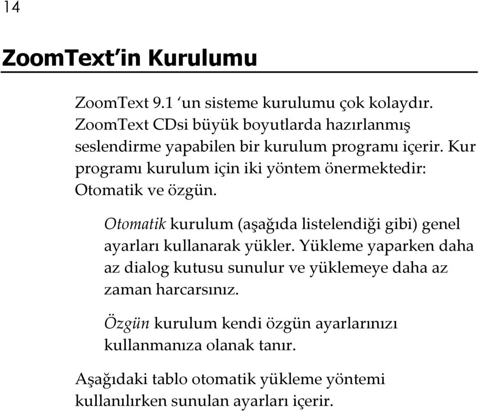 Kur programı kurulum için iki yöntem önermektedir: Otomatik ve özgün.