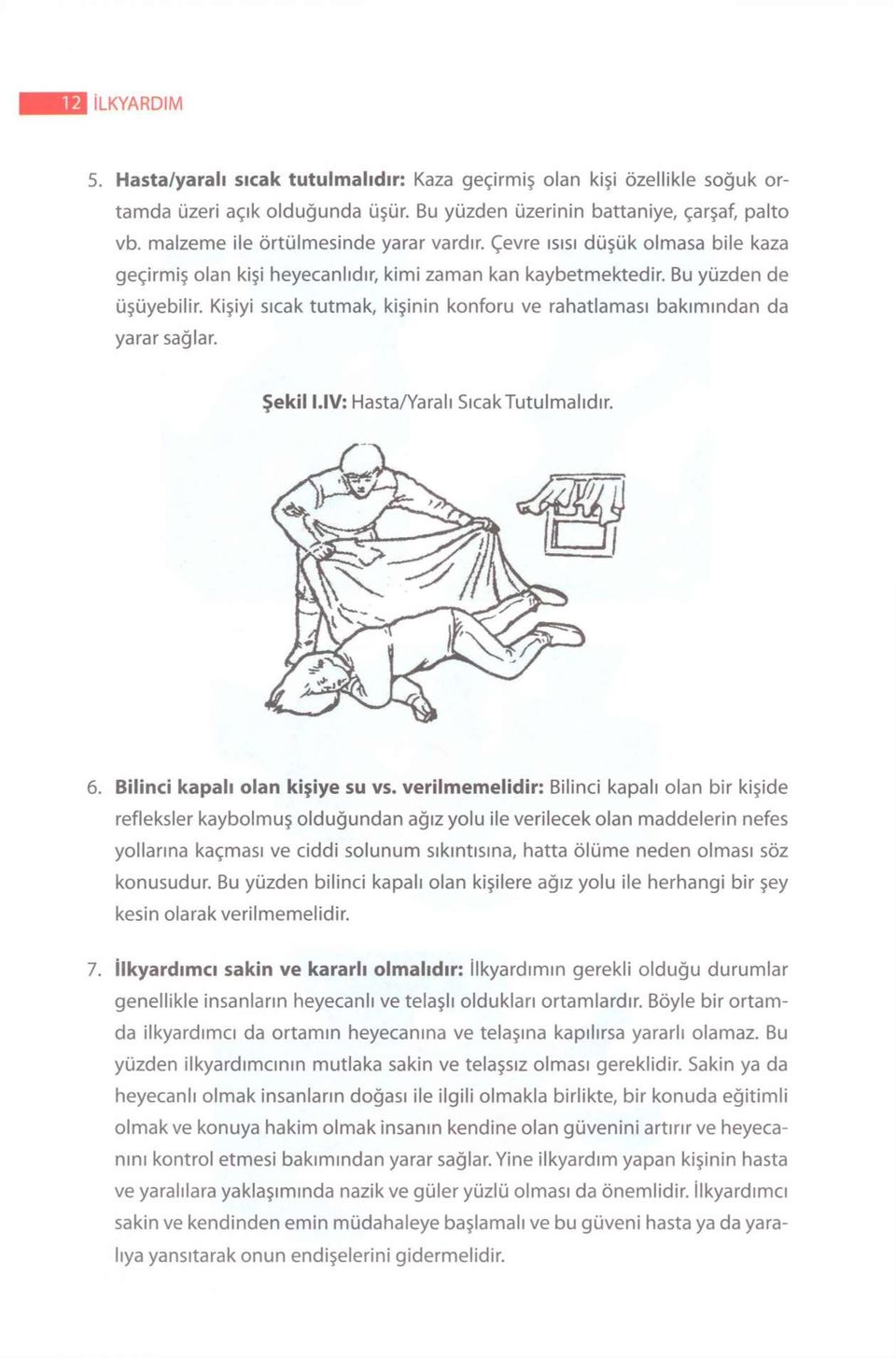 Kişiyi sıcak tutmak, kişinin konforu ve rahatlaması bakımından da yarar sağlar. Şekil I.IV: Hasta/Yaralı SıcakTutulmalıdır. 6. Bilinci kapalı olan kişiye su vs.