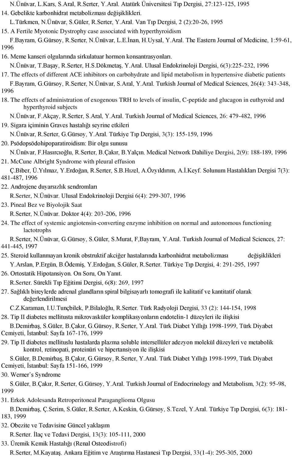 Meme kanseri olgularında sirkulatuar hormon konsantrasyonları. N.Ünüvar, T.Başay, R.Serter, H.S.Dökmetaş, Y.Aral. Ulusal Endokrinoloji Dergisi, 6(3):225-232, 1996 17.