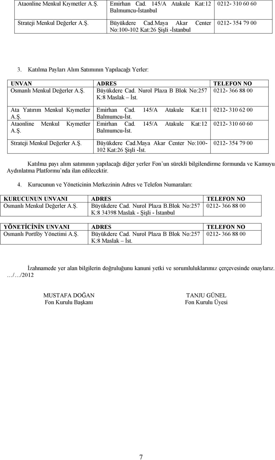 Nurol Plaza B Blok No:257 0212-366 88 00 K:8 Maslak İst. Ata Yatırım Menkul Kıymetler A.Ş. Ataonline Menkul Kıymetler A.Ş. Strateji Menkul Değerler A.Ş. Emirhan Cad. 145/A Atakule Kat:11 Balmumcu-İst.