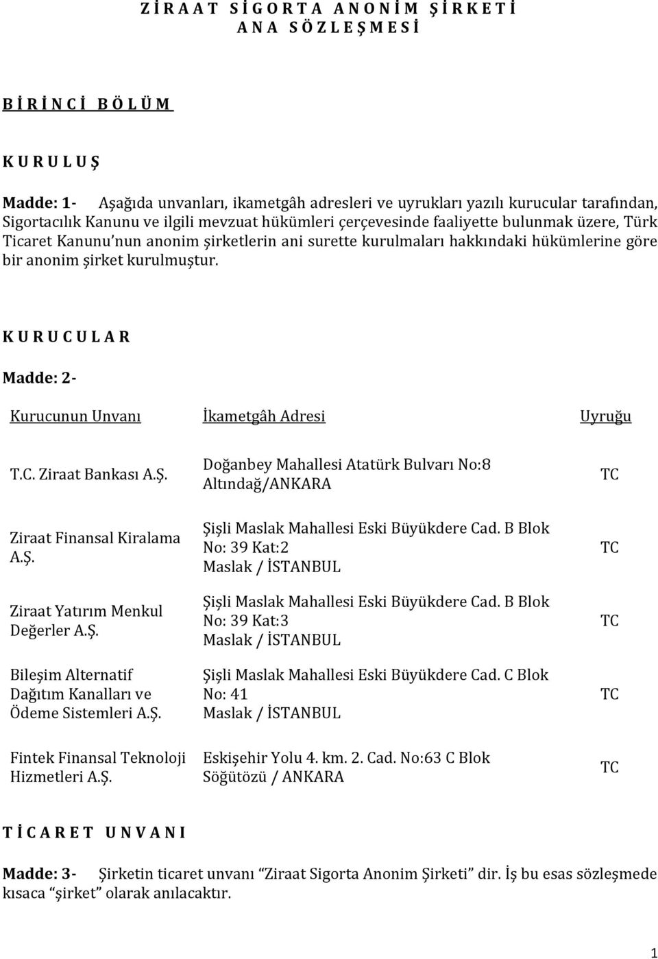 anonim şirket kurulmuştur. K U R U C U L A R Madde: 2- Kurucunun Unvanı İkametgâh Adresi Uyruğu T.C. Ziraat Bankası A.Ş. Ziraat Finansal Kiralama A.Ş. Ziraat Yatırım Menkul Değerler A.Ş. Bileşim Alternatif Dağıtım Kanalları ve Ödeme Sistemleri A.