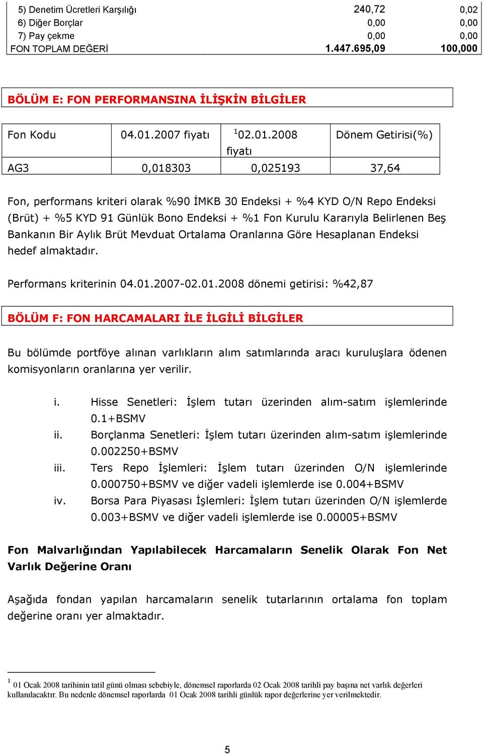 2008 Dönem Getirisi(%) fiyatı AG3 0,018303 0,025193 37,64 Fon, performans kriteri olarak %90 İMKB 30 Endeksi + %4 KYD O/N Repo Endeksi (Brüt) + %5 KYD 91 Günlük Bono Endeksi + %1 Fon Kurulu Kararıyla