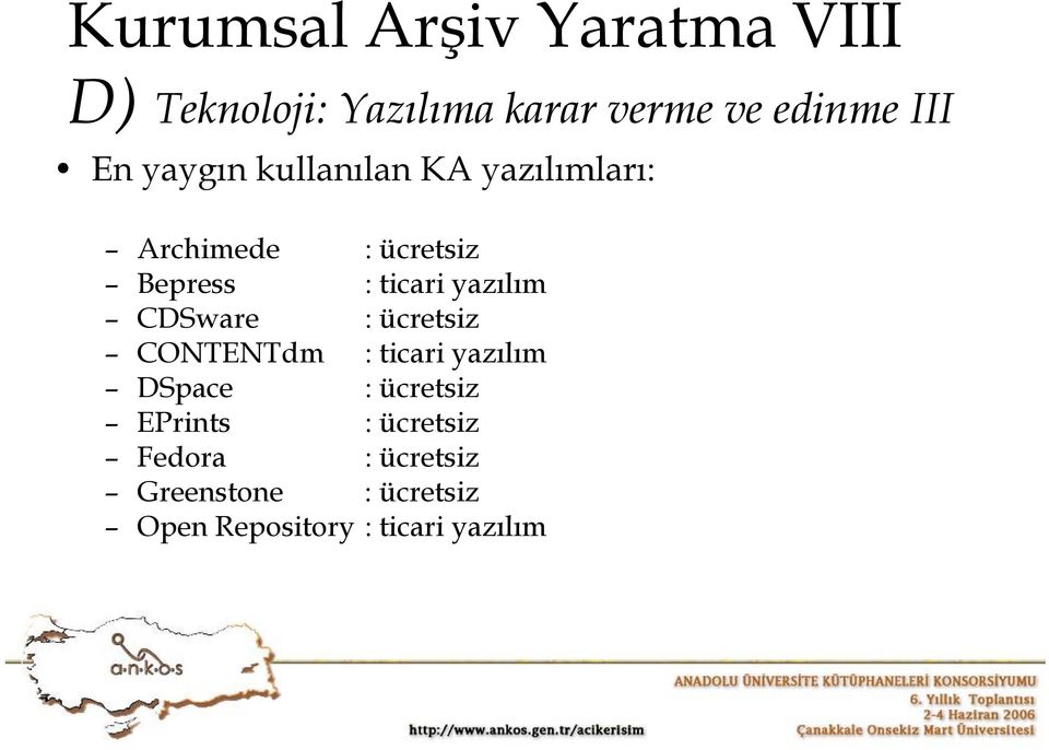 yazılım CDSware : ücretsiz CONTENTdm : ticari yazılım DSpace : ücretsiz