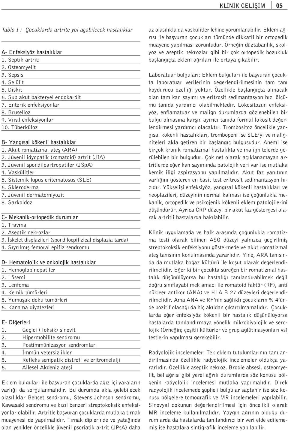 Jüvenil spondiloartropatiler (JSpA) 4. Vaskülitler 5. Sistemik lupus eritematosus (SLE) 6. Skleroderma 7. Jüvenil dermatomiyozit 8. Sarkoidoz C- Mekanik-ortopedik durumlar 1. Travma 2.