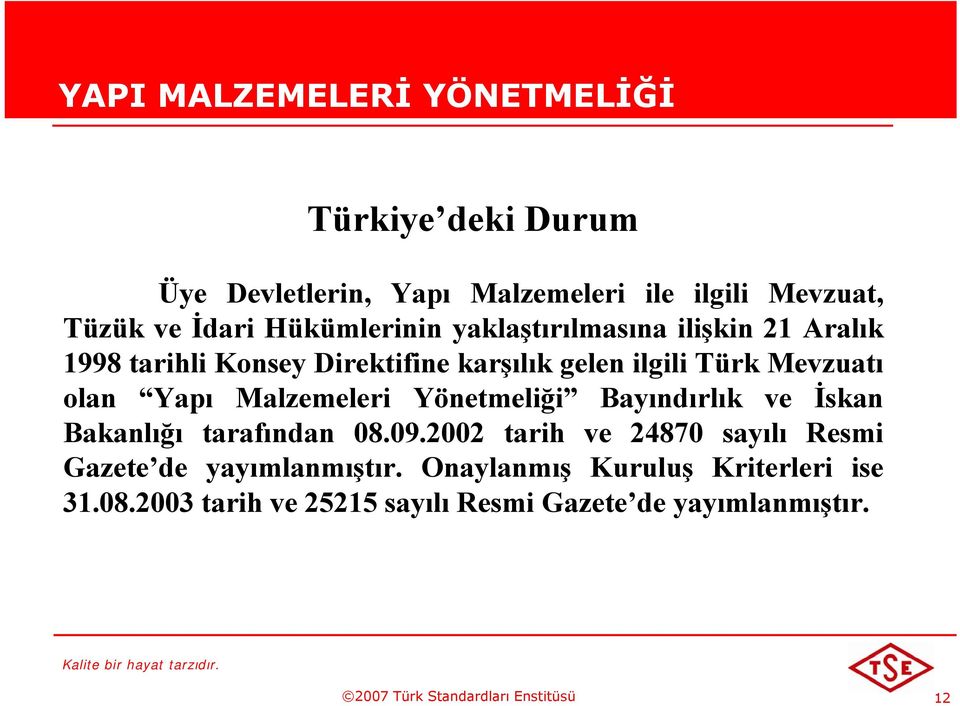 Malzemeleri Yönetmeliği Bayındırlık ve İskan Bakanlığı tarafından 08.09.