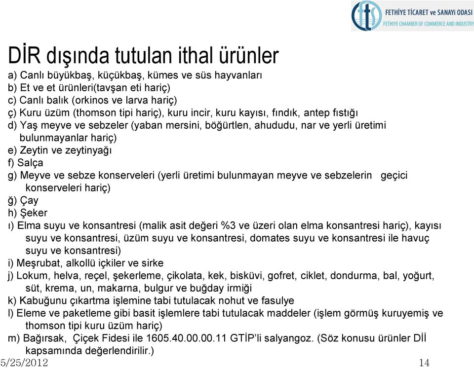 ve sebze konserveleri (yerli üretimi bulunmayan meyve ve sebzelerin geçici konserveleri hariç) ğ) Çay h) Şeker ı) Elma suyu ve konsantresi (malik asit değeri %3 ve üzeri olan elma konsantresi hariç),