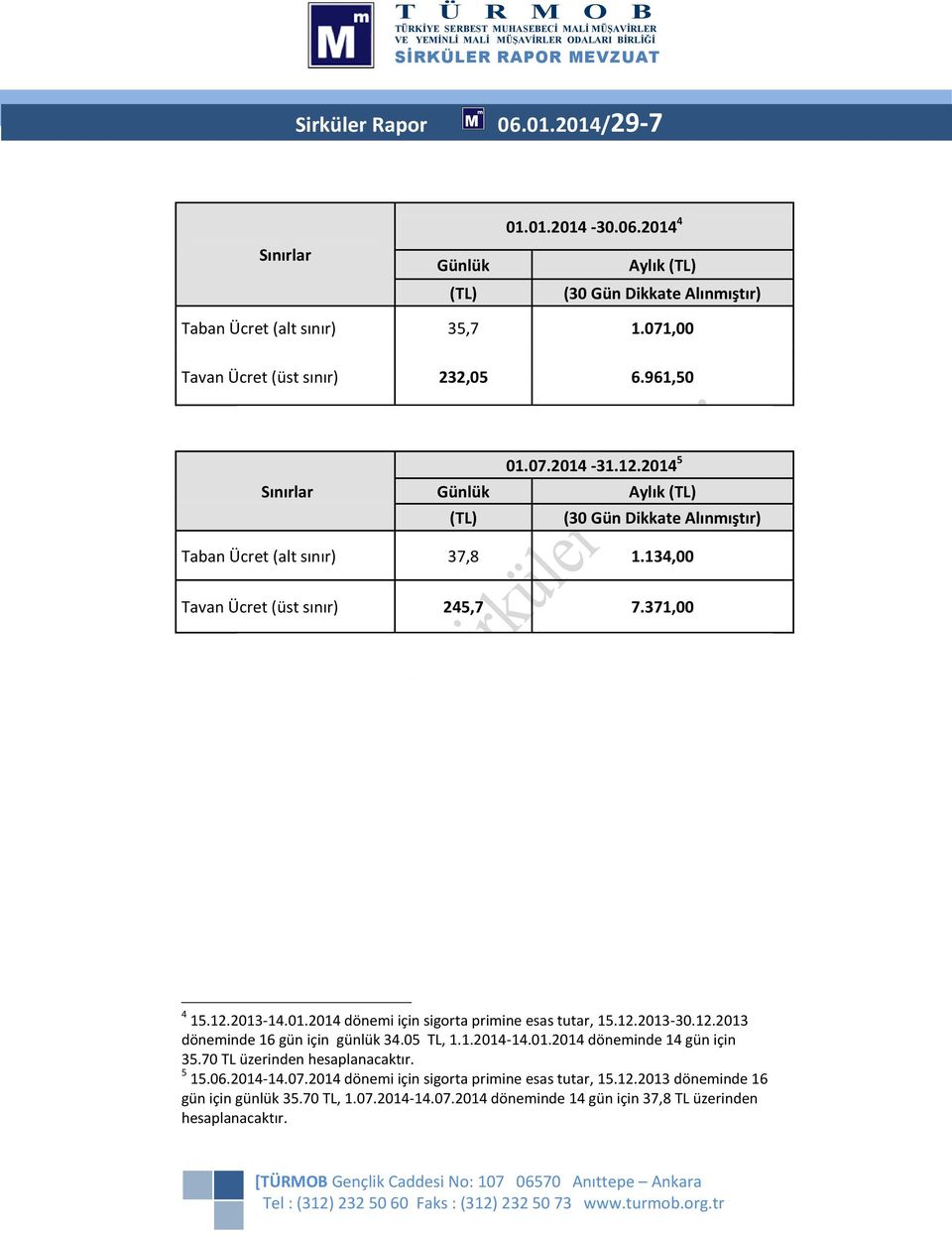 12.2013-30.12.2013 döneminde 16 gün için günlük 34.05 TL, 1.1.2014-14.01.2014 döneminde 14 gün için 35.70 TL üzerinden hesaplanacaktır. 5 15.06.2014-14.07.